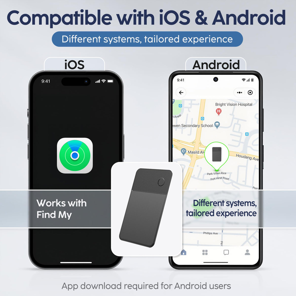 CryoSentry tracker card with Apple Find My and Android Find Hub compatible, locating luggage.