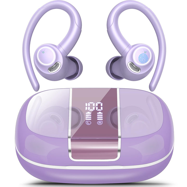 Csasan front packaging showing purple earbuds and case, highlights product appeal