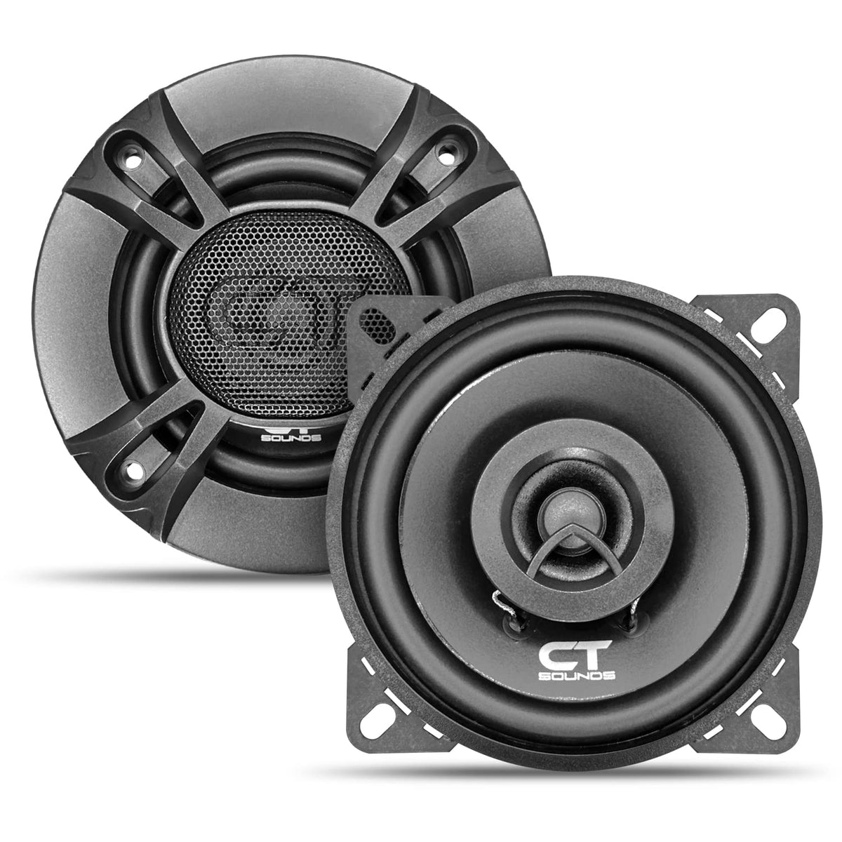 CT Sounds front view of 4 inch coaxial speakers showing grille and frame, improved clarity