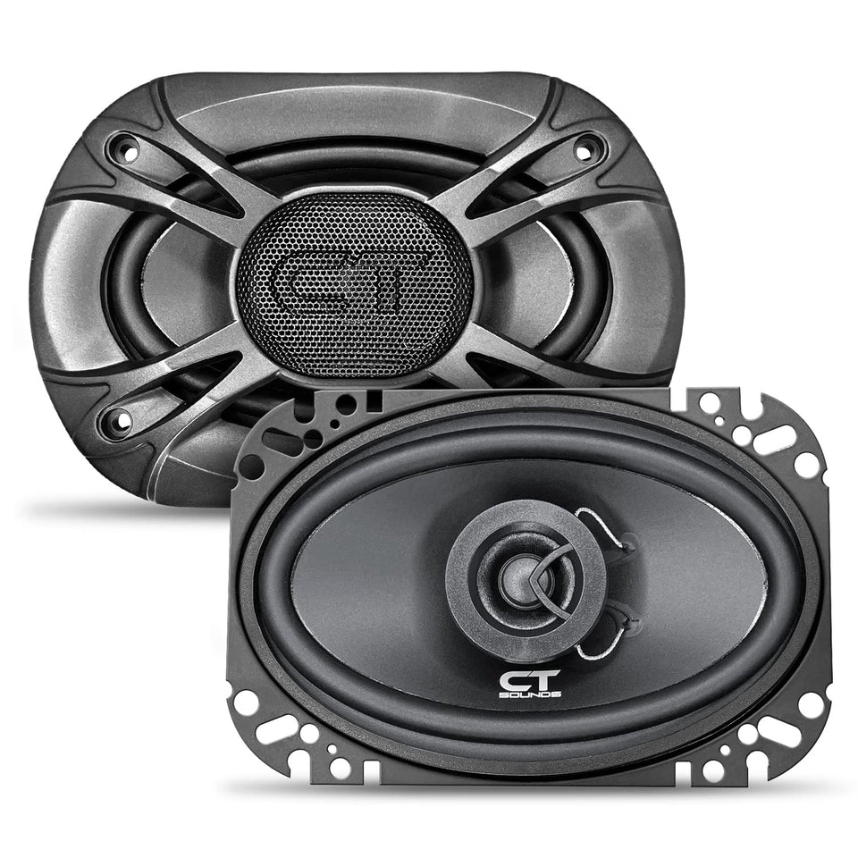CT Sounds front view of 4x6 coaxial speakers showing grille and cone, upgrading factory sound