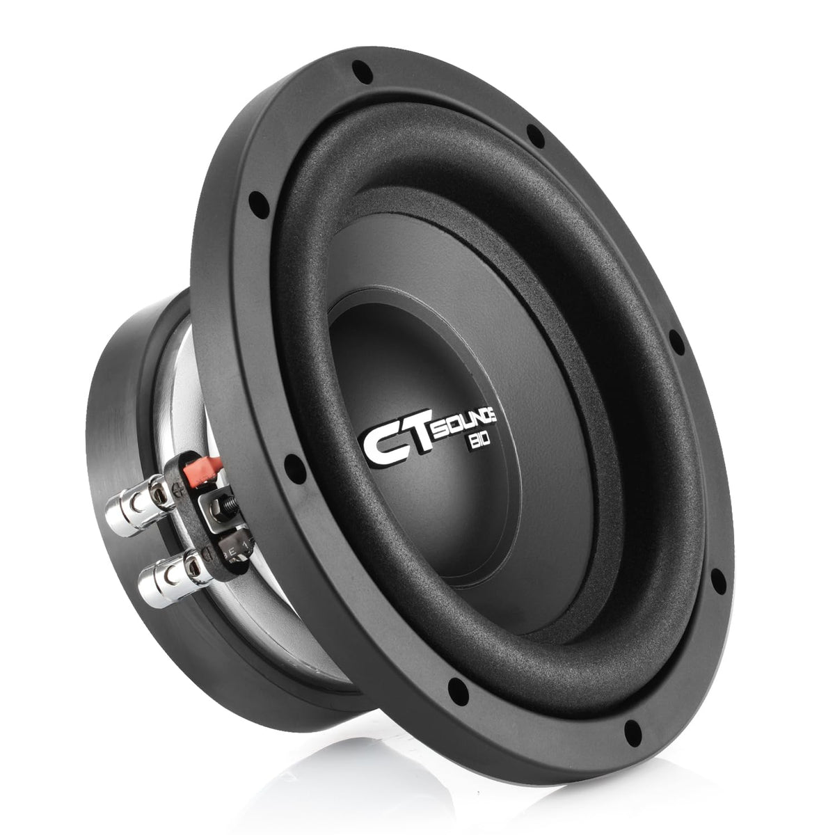 CT Sounds Bio 8-inch subwoofer front view highlighting dual 2-ohm voice coil for clean bass
