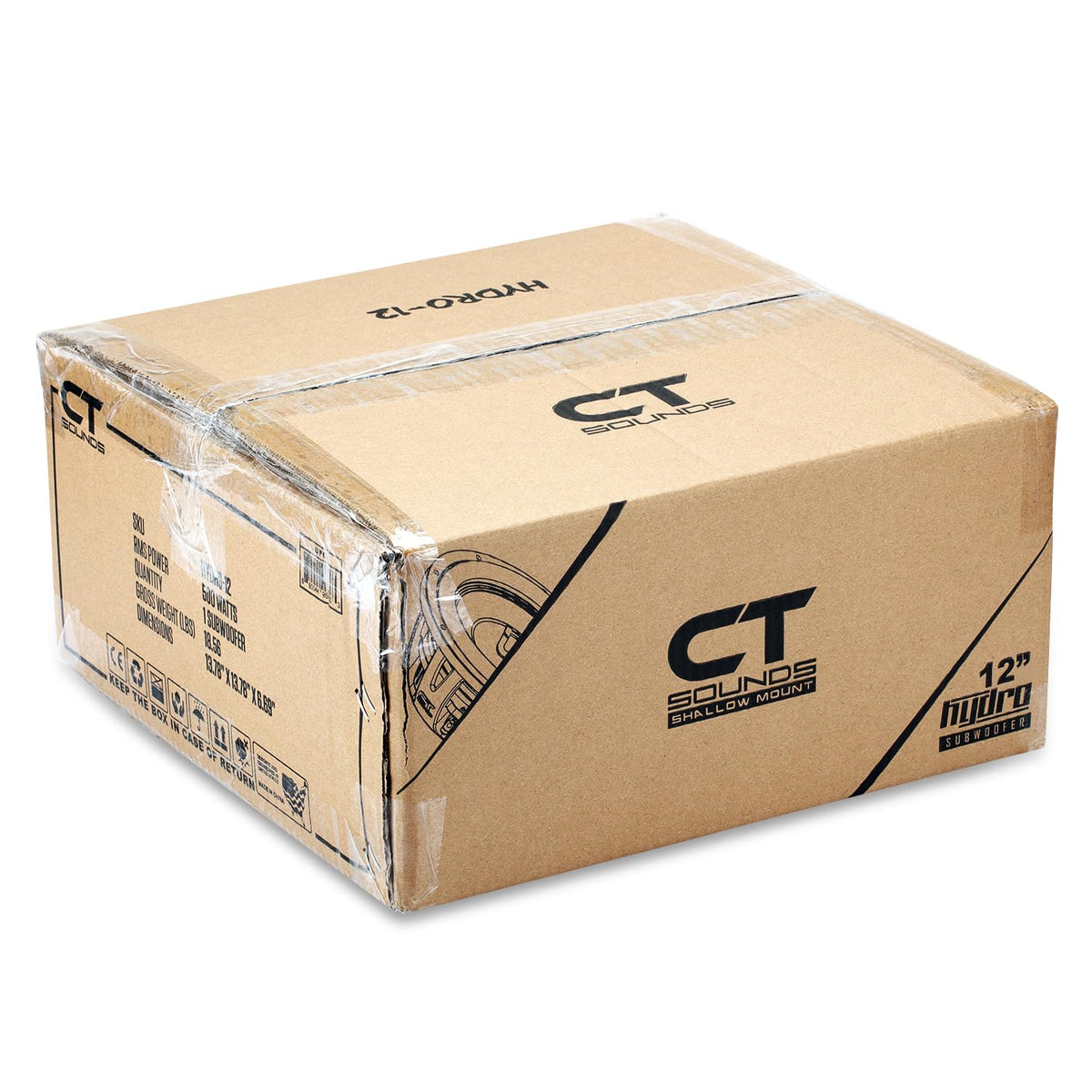 CT Sounds Hydro 12-inch subwoofer spec sheet highlights power and dimensions