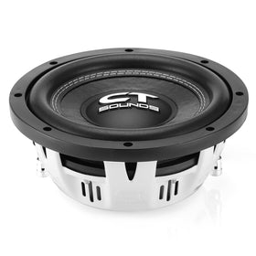 CT Sounds Hydro 8-inch dual 2-ohm subwoofer front view, compact shallow-mount for under-seat fit
