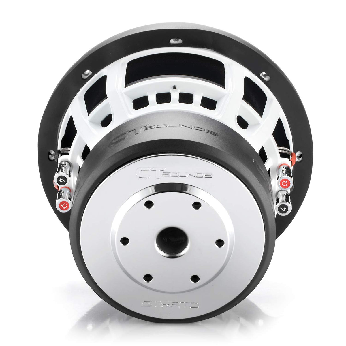 CT Sounds Strato-8-D4 bottom plate chrome closeup indicates premium cooling and stability