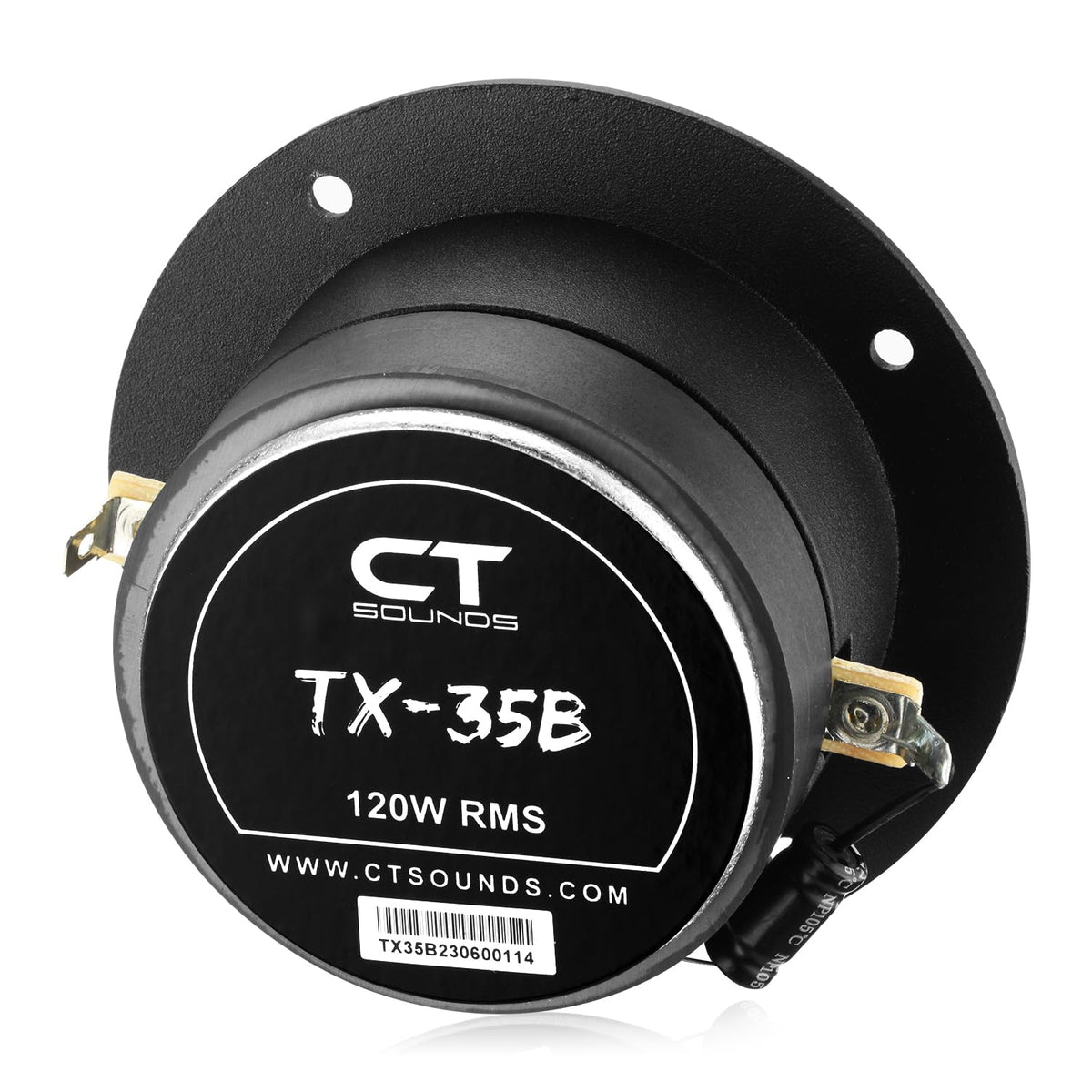 CT Sounds spade terminal and built-in capacitor detail for easier, safer wiring