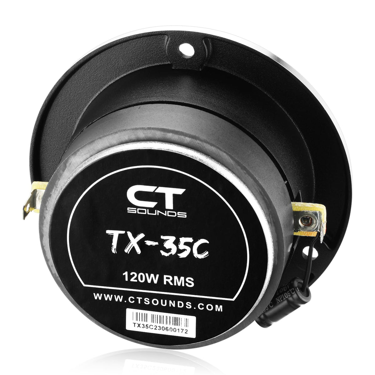 CT Sounds TX-35C back showing spade terminals and built-in capacitor for easy wiring
