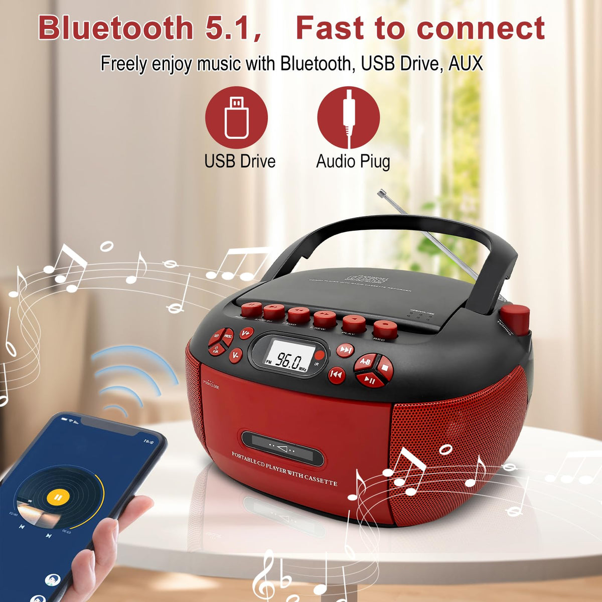 CTDZLED boombox USB playback for MP3 and WMA files during use.