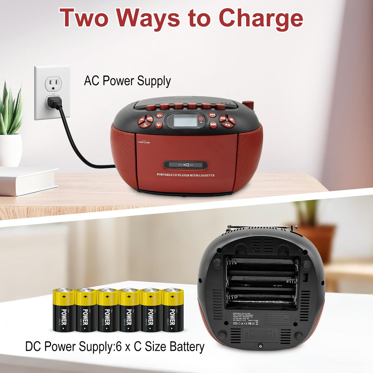 CTDZLED portable boombox powered by battery or AC for flexible use.