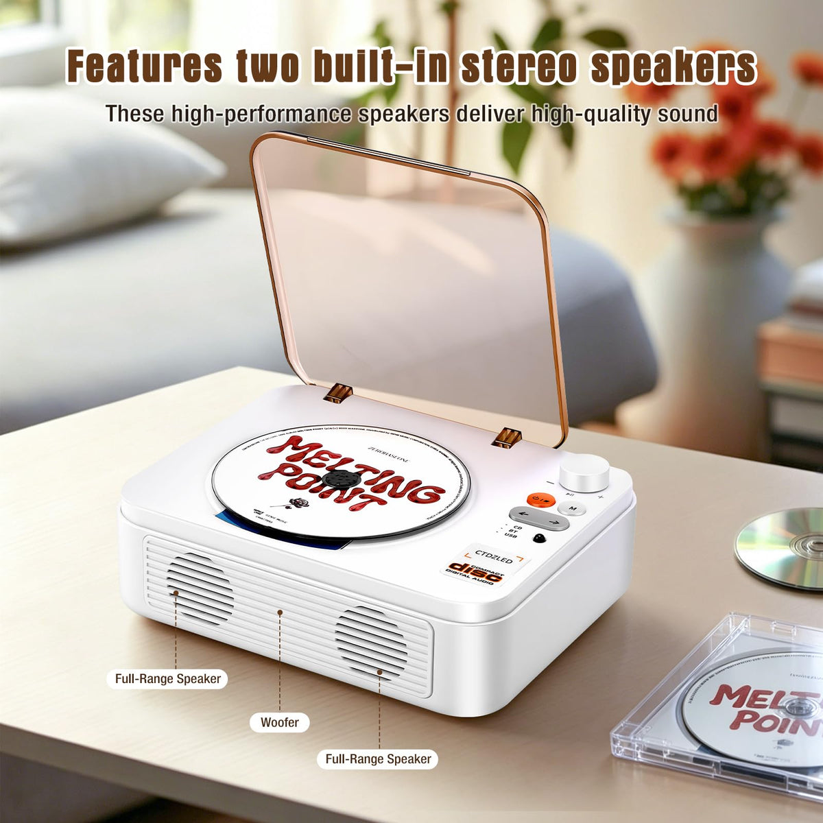 CTDZLED top open with CD in tray and flip-top dust cover protecting discs