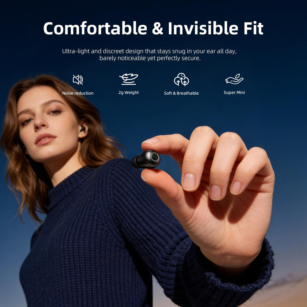 CUAUUO earbuds on pillow demonstrating side-sleeping comfort benefit