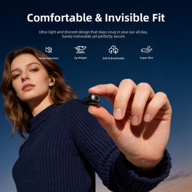 CUAUUO earbuds on pillow demonstrating side-sleeping comfort benefit