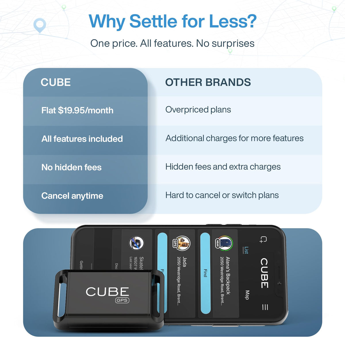 Cube GPS Tracker app interface: intuitive controls for live view and history.
