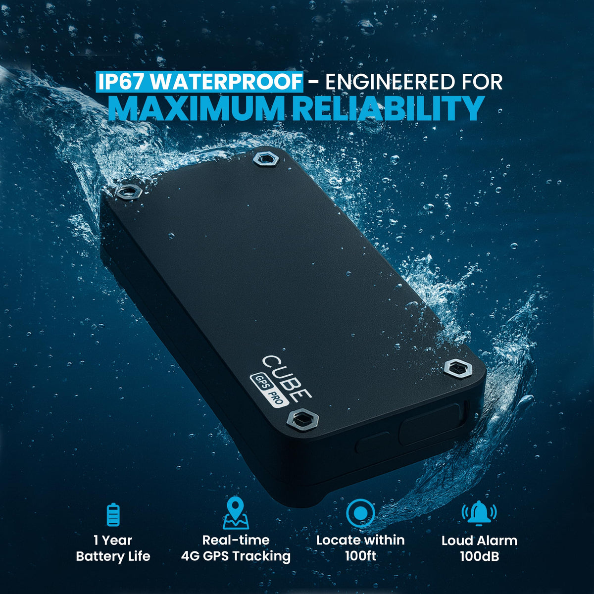 Cube Pro GPS tracker shown with IP67 waterproof rating for all-weather tracking