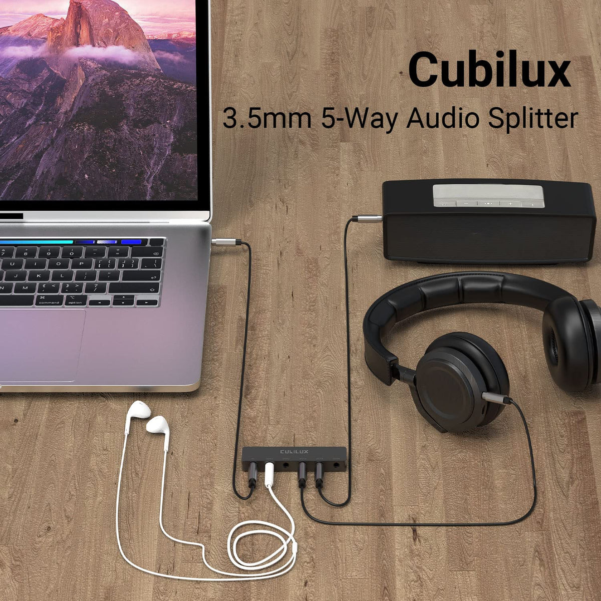 Cubilux 5-Way AUX splitter back view highlights solid aluminum housing for noise isolation.