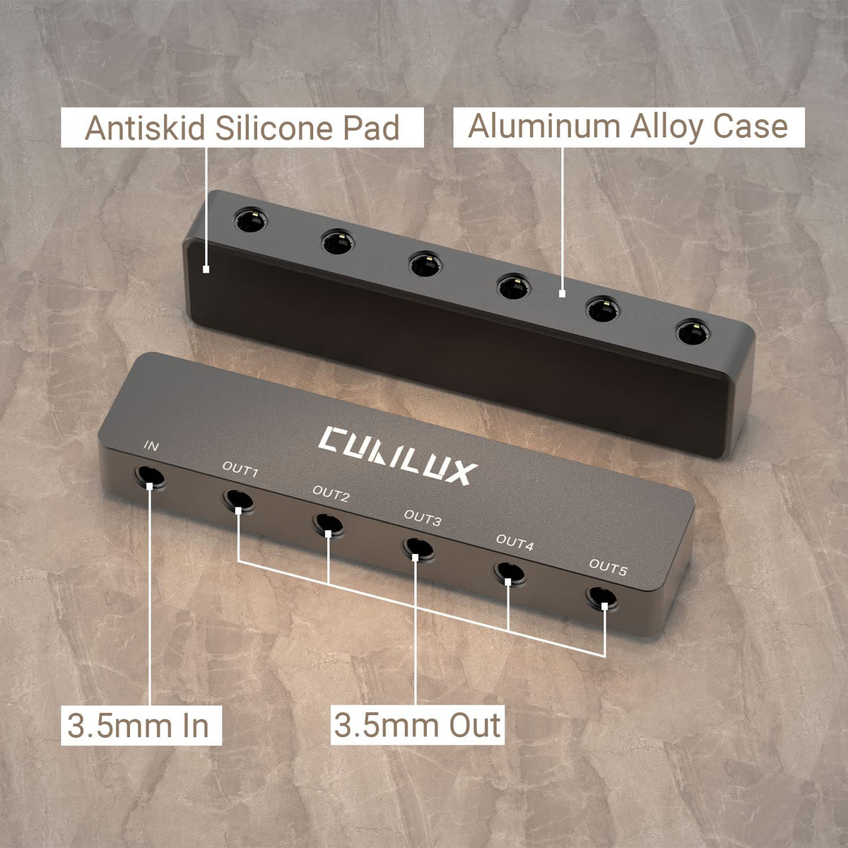 Group listening with Cubilux splitter enabling five devices to connect for synchronized audio.