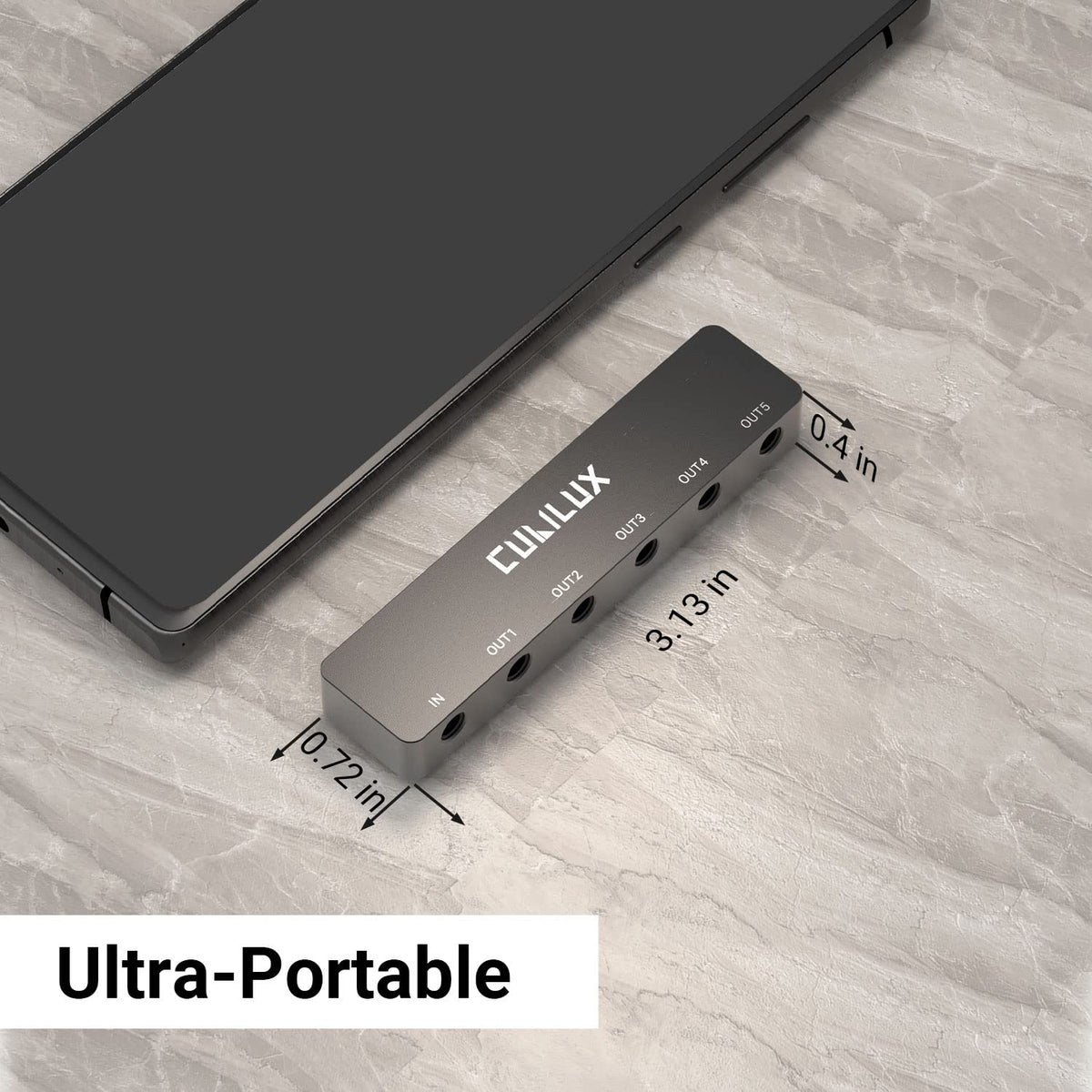 Cubilux packaging image showing the 5-Way AUX splitter ready to unbox.