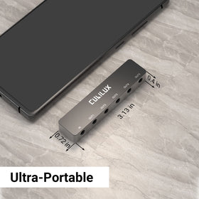 Cubilux packaging image showing the 5-Way AUX splitter ready to unbox.