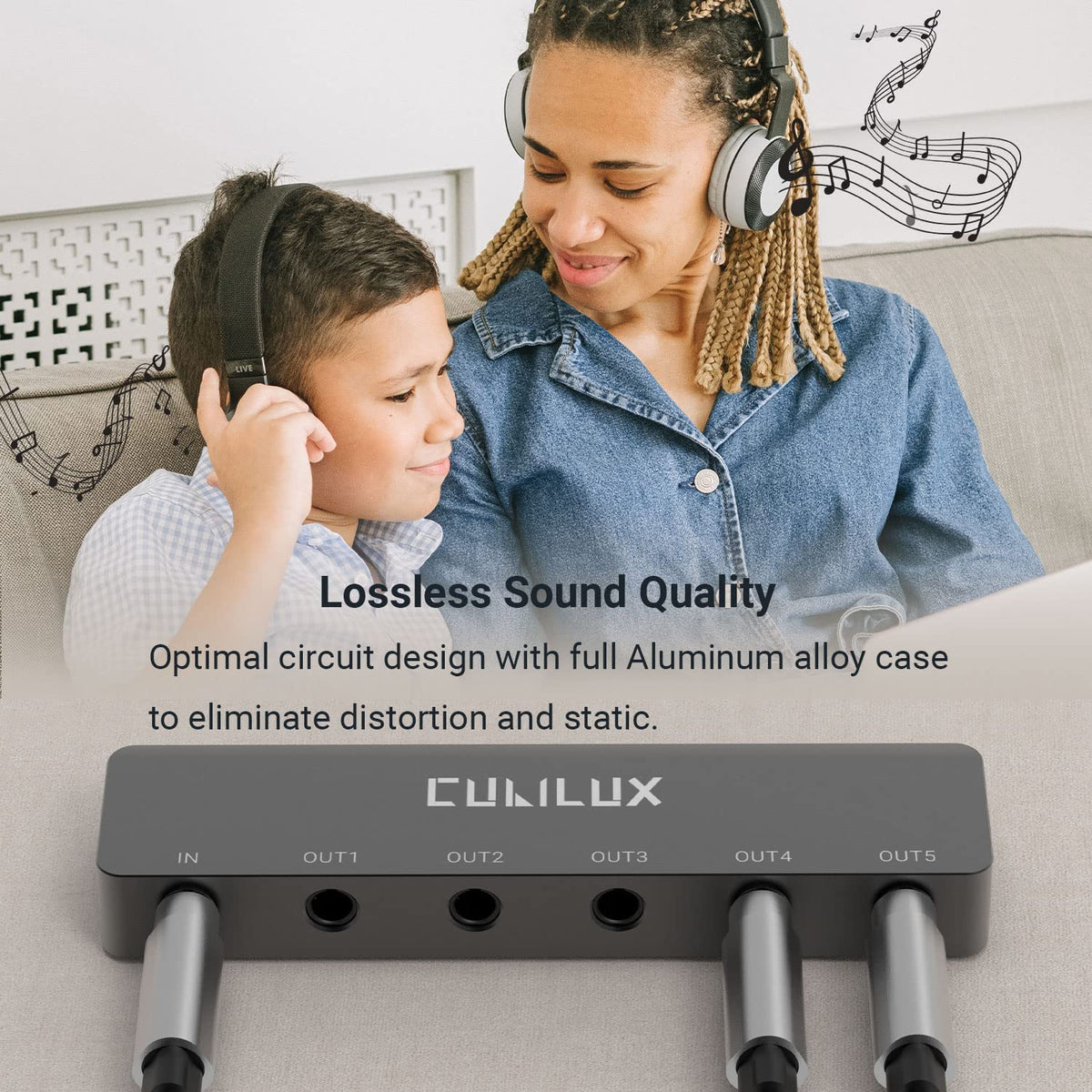 Cubilux 5-Way AUX splitter top view shows sleek, portable design.