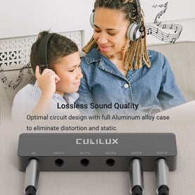 Cubilux 5-Way AUX splitter top view shows sleek, portable design.