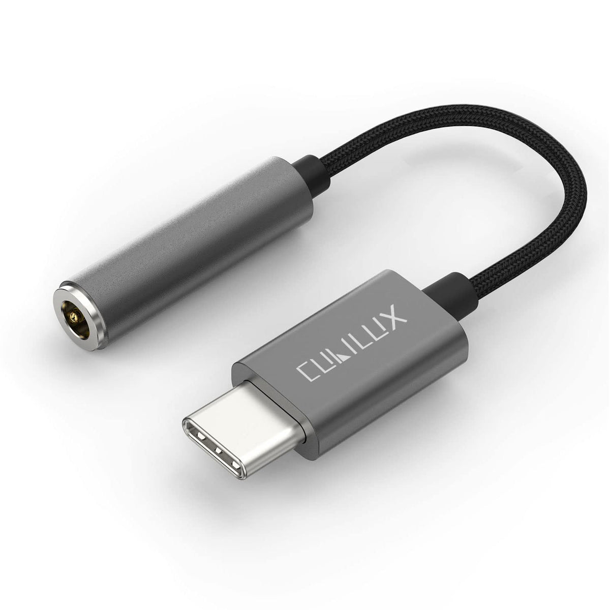 Cubilux front view of USB‑C to 3.5mm adapter showing compact design and plug