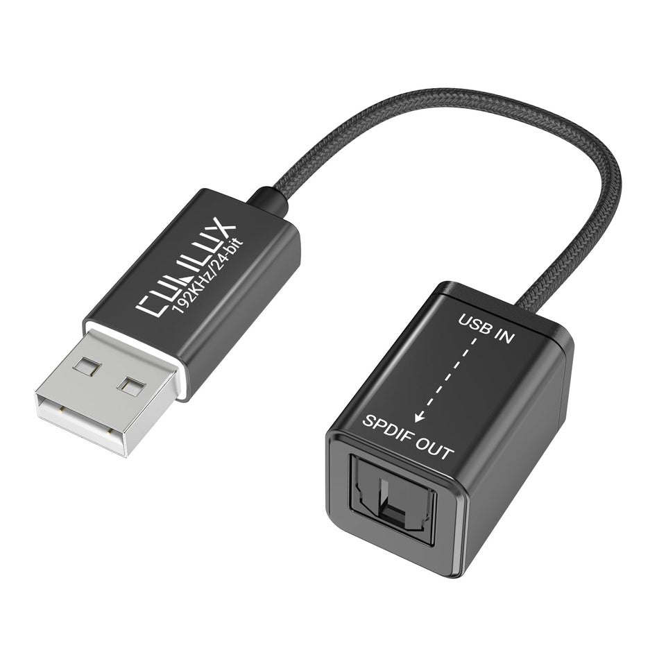 cubilux front view of adapter showing USB-A and TOSLINK for easy digital connection