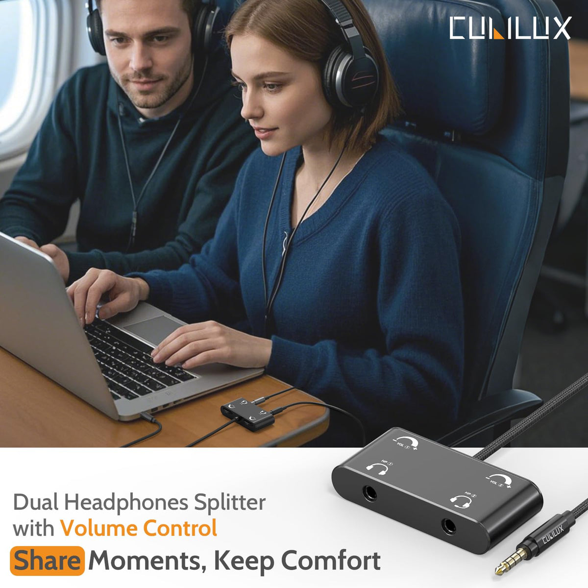 Cubilux headphone splitter with independent volume controls for each listener.