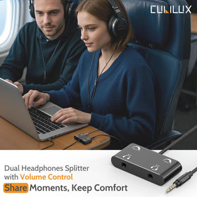 Cubilux headphone splitter with independent volume controls for each listener.