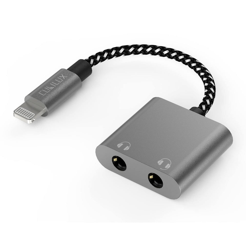 Cubilux lightning dual headphone splitter in aluminum case for shared listening on iPhone