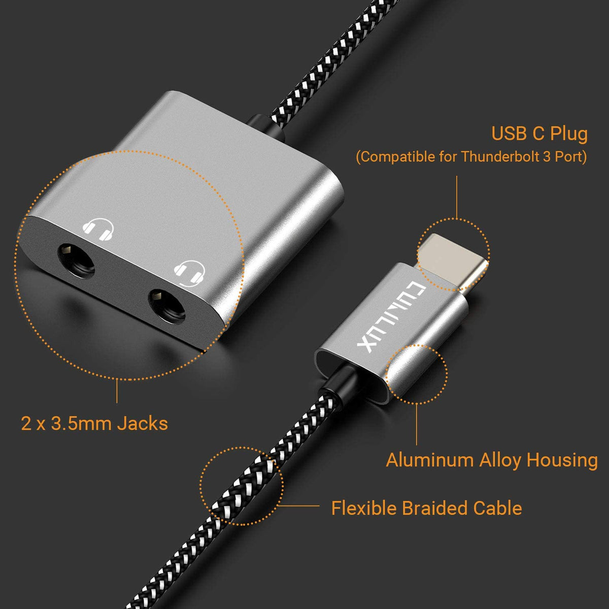 Cubilux portable travel audio splitter for commuters and travelers.