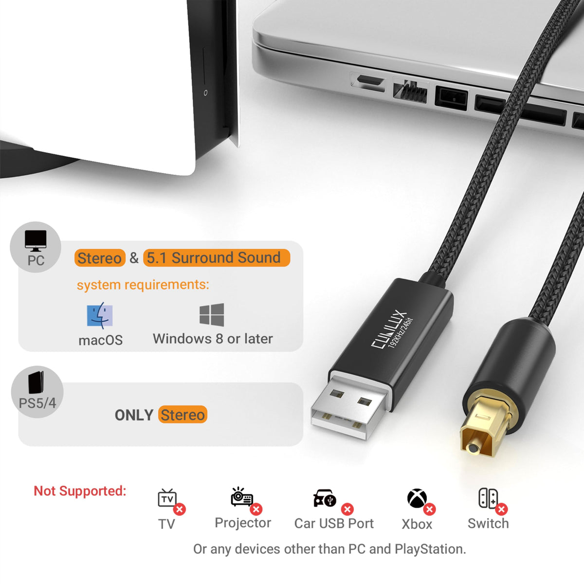 Cubilux USB-A to TOSLINK cable TOSLINK connector for DAC/amp