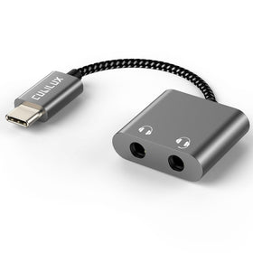 Cubilux USB-C dual 3.5mm splitter front view enables shared audio for two headphones on the go