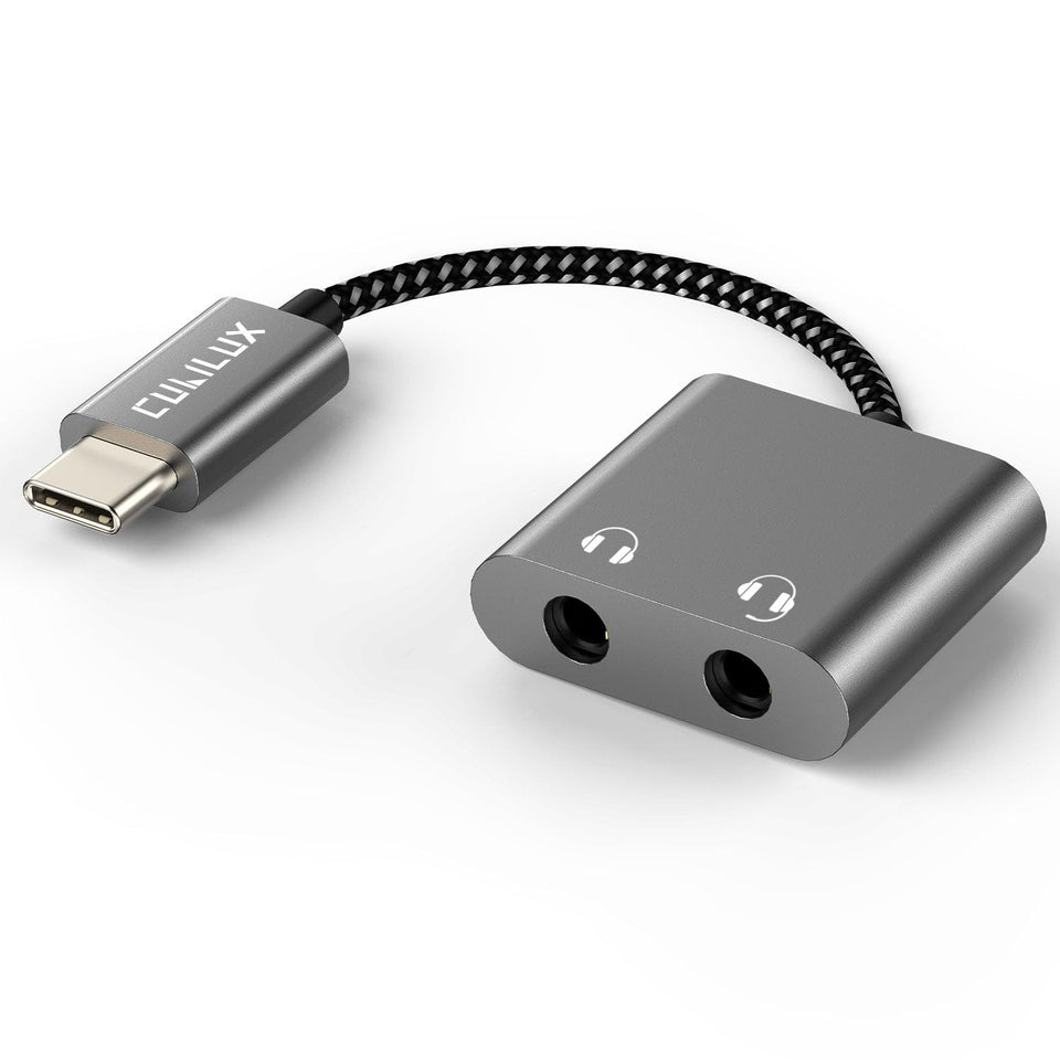 Cubilux USB-C dual 3.5mm splitter front view enables shared audio for two headphones on the go