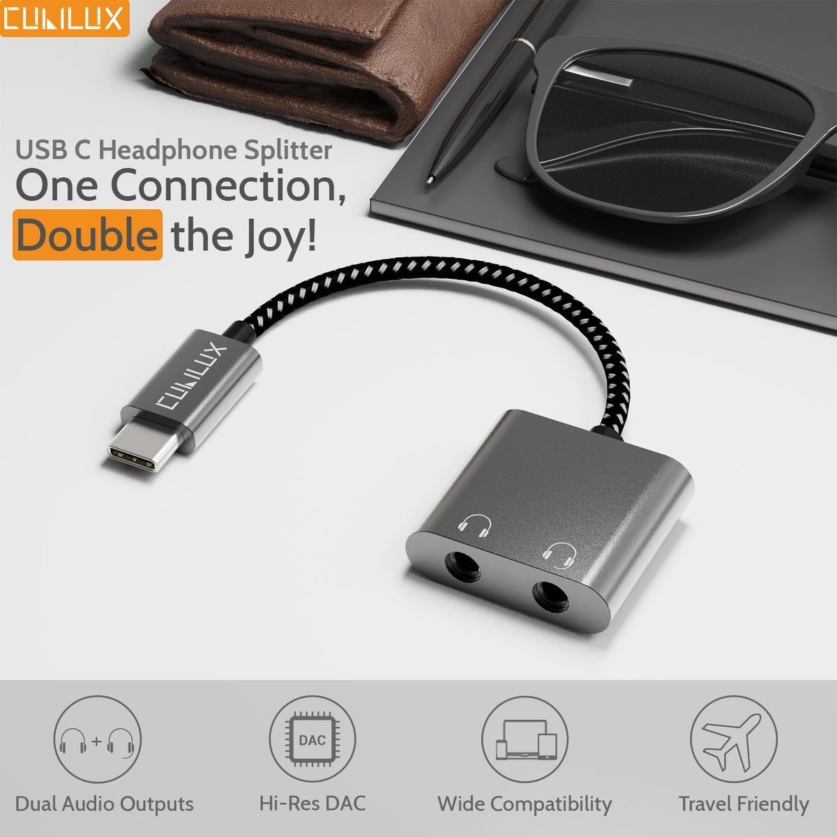 Cubilux USB-C dual 3.5mm splitter side ports for easy in-line mic control and audio output