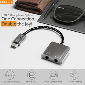 Cubilux USB-C dual 3.5mm splitter side ports for easy in-line mic control and audio output