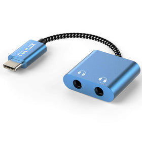 Cubilux USB-C dual headphones adapter close-up showing dual 3.5mm jacks for shared listening