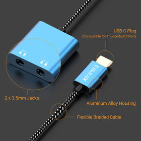 Cubilux USB-C dual headphones adapter in a home office setup