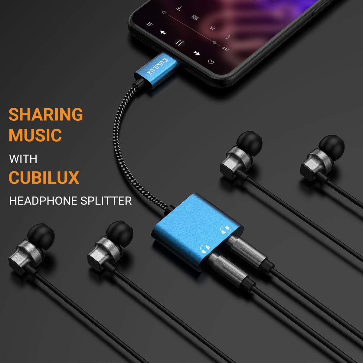 Cubilux USB-C dual headphones adapter inline remote on left for easy volume control