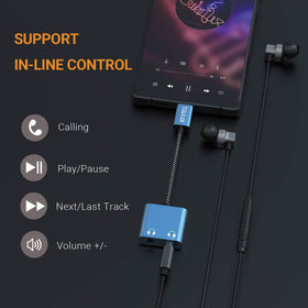 Cubilux USB-C dual headphones adapter connected to iPhone and iPad for music sharing