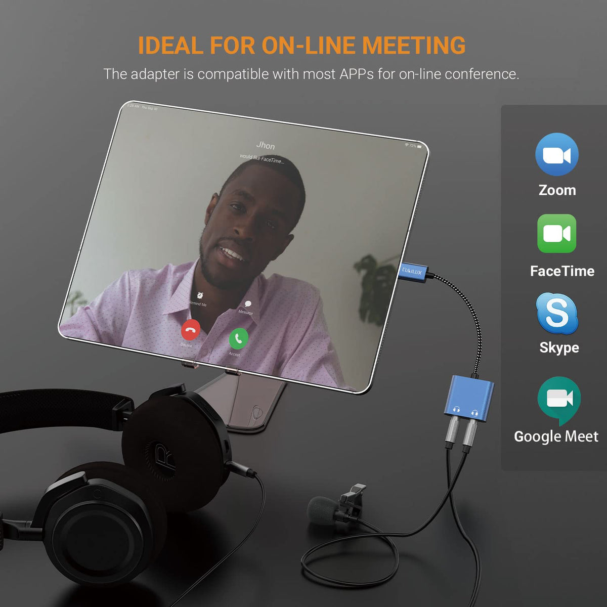 Cubilux USB-C dual headphones adapter TRRS mic compatibility for meetings