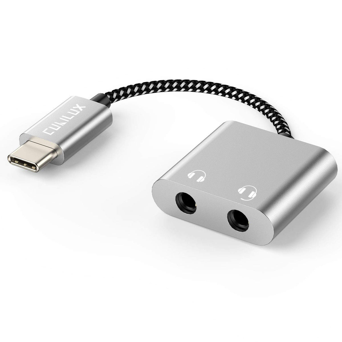 Cubilux USB-C dual headphones splitter enabling convenient shared listening on the go.