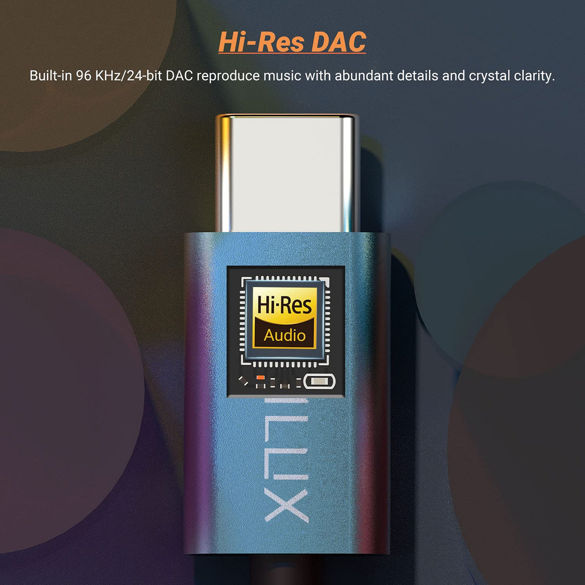 Cubilux USB-C Headphone Adapter shows DAC chip detail for high fidelity.