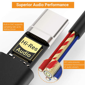 Cubilux USB-C headphone adapter in use with a laptop for calls and media.