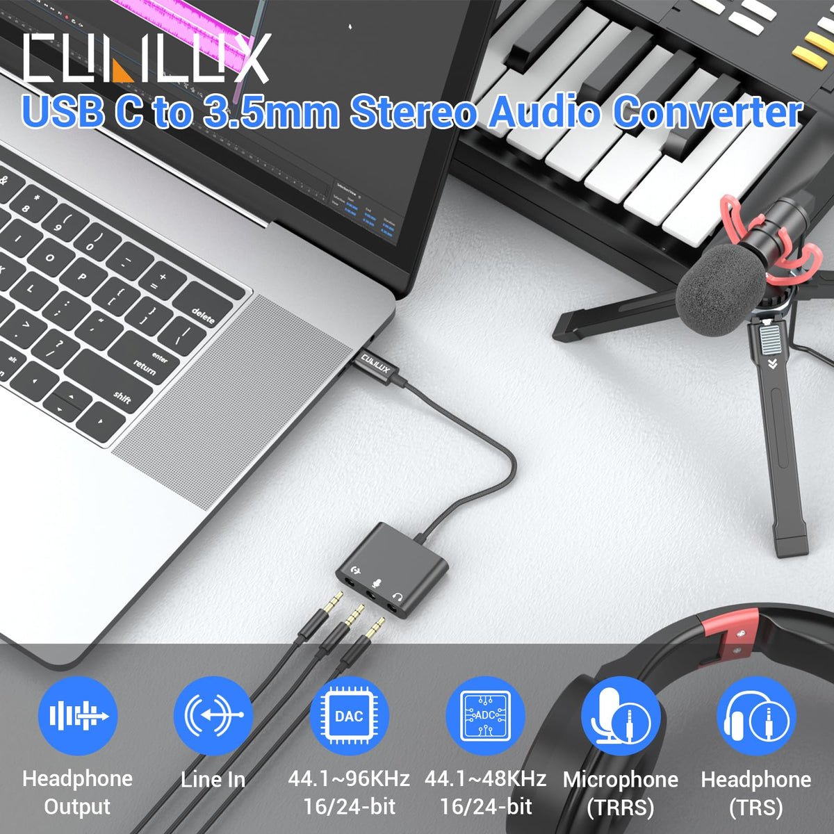 Cubilux mic/line-in USB-C adapter enables easy recording on laptops.