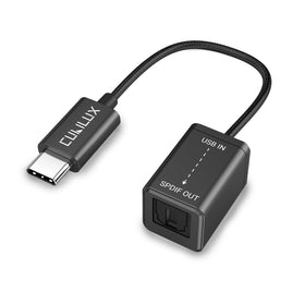 Cubilux USB-C to SPDIF transmitter front view shows optical output for digital audio