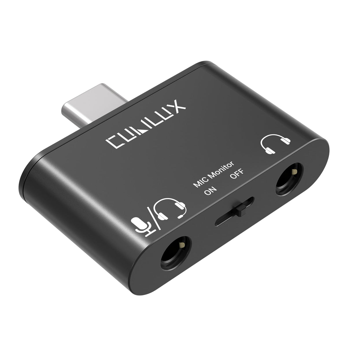 Cubilux USB-C to TRRS mic adapter on desk setup for versatile microphone connections.