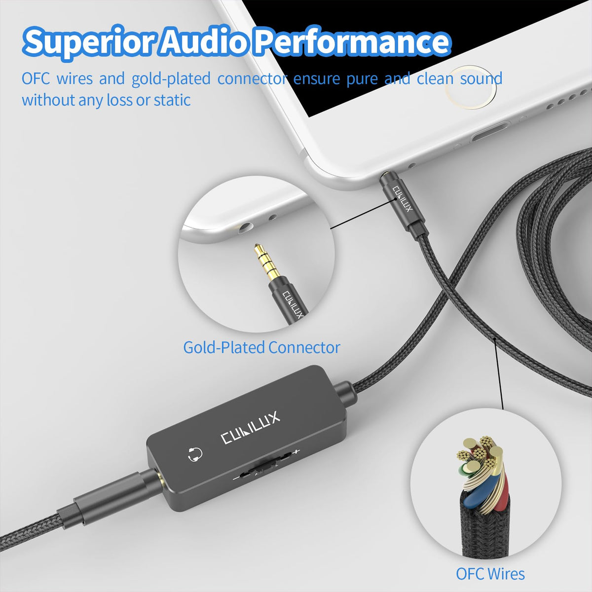 Cubilux earphone connection illustrates in-line control during use.
