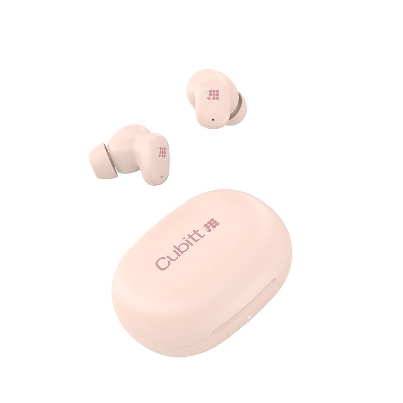 Cubitt Power Buds front view in light pink showing compact case and earbuds, convenient portability