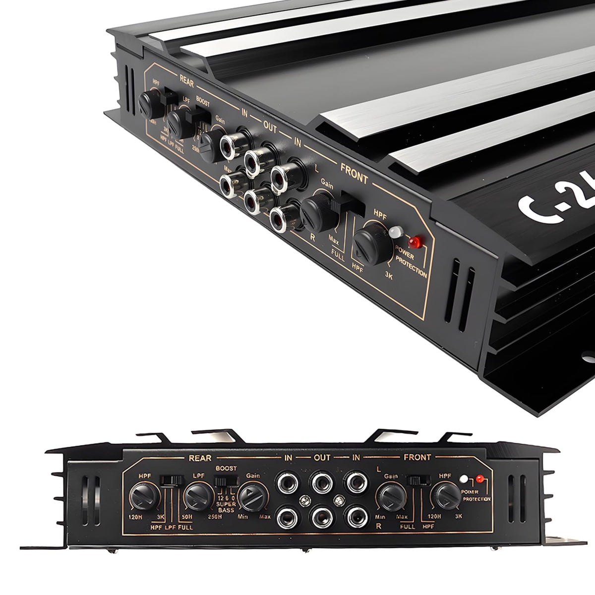 CUCNEXT car power amplifier 4-channel mounting holes indicating straightforward secure installation