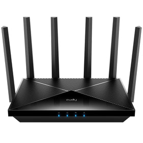 Cudy BE6500 router front view with LEDs showcasing WiFi 7 speed