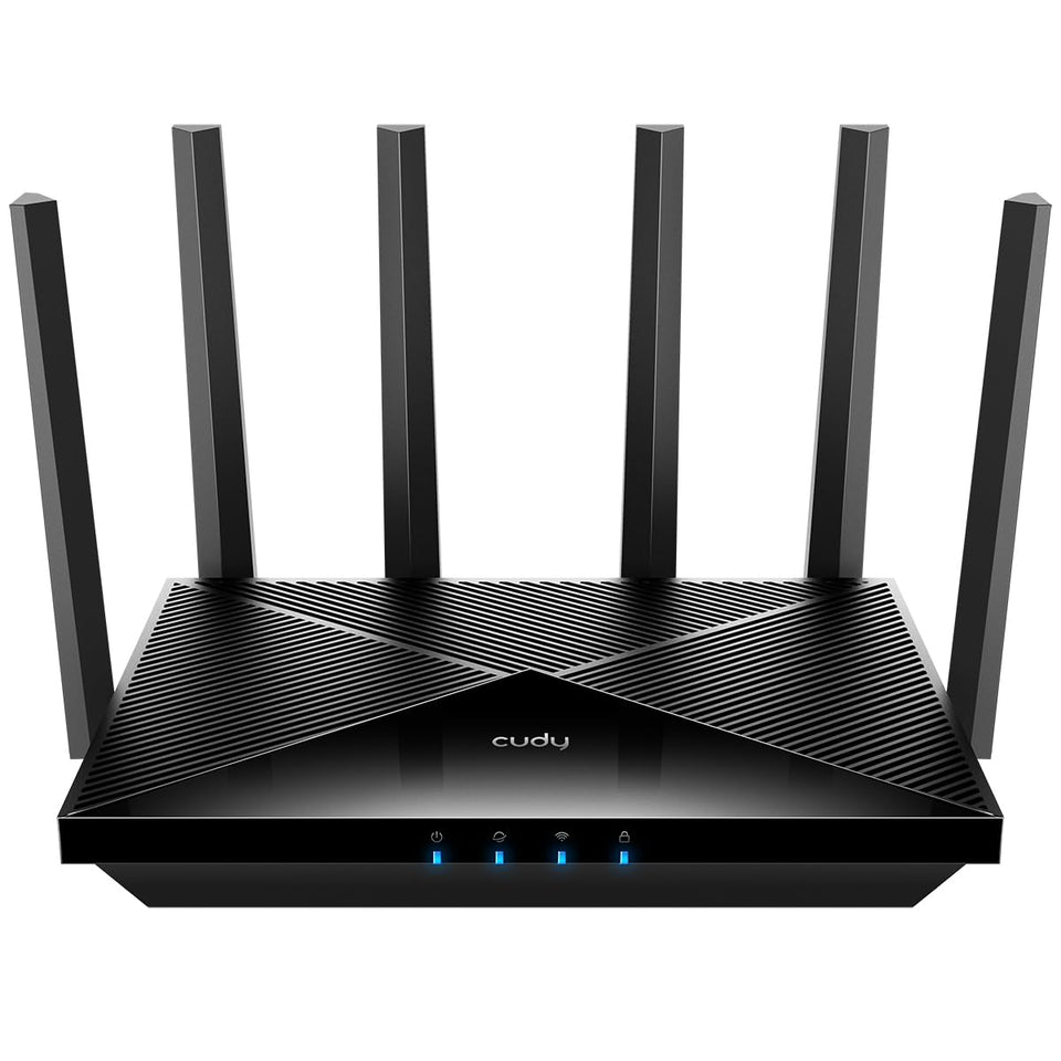 Cudy BE6500 router front view with LEDs showcasing WiFi 7 speed